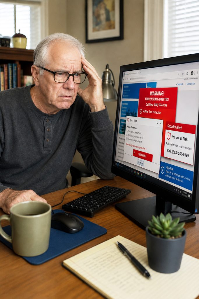 Charles at his desk facing deceptive fake antivirus and security warnings