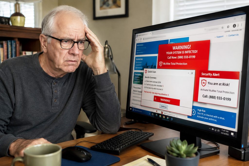 Charles reacting to frightening fake antivirus warnings on his computer
