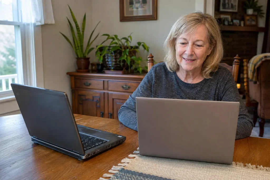 Cynthia at home with her old laptop and working new laptop after a Snapdragon migration