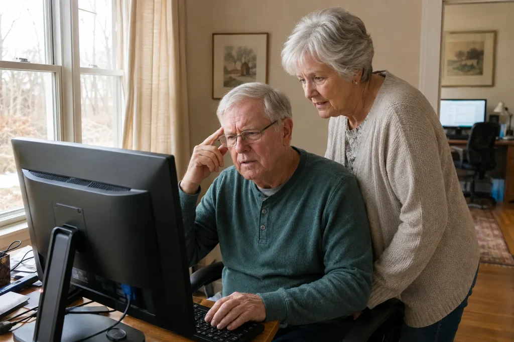 Fred and his wife at their main computer during a Microsoft password and OneDrive service visit