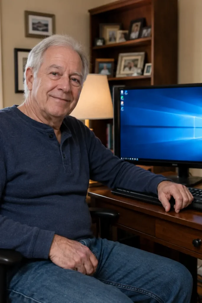 Gary with his working desktop computer after a power supply replacement