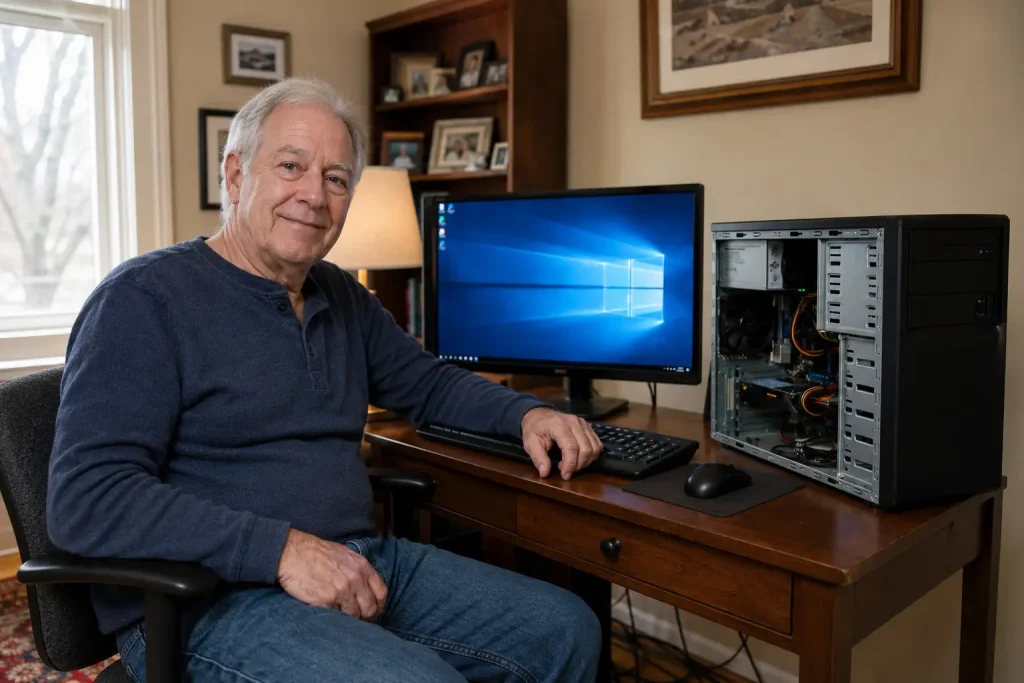 Gary beside his working desktop computer after a power supply replacement
