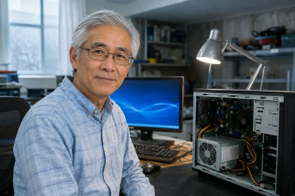 Gary beside his working desktop after a power supply replacement
