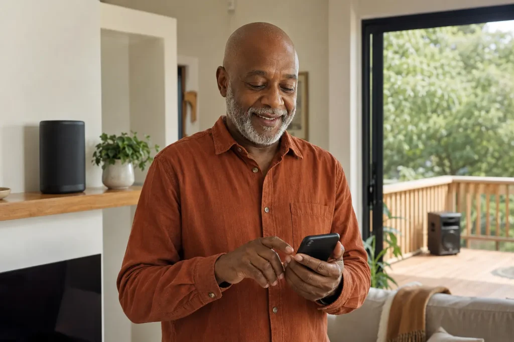 Joe using his phone to control music inside his home and on the deck