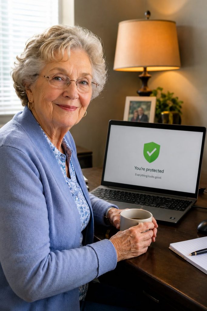 Julie smiling beside her laptop after a suspicious email investigation