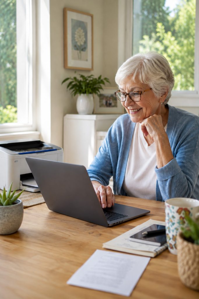 Karen at home with her laptop and printer during a printer troubleshooting visit