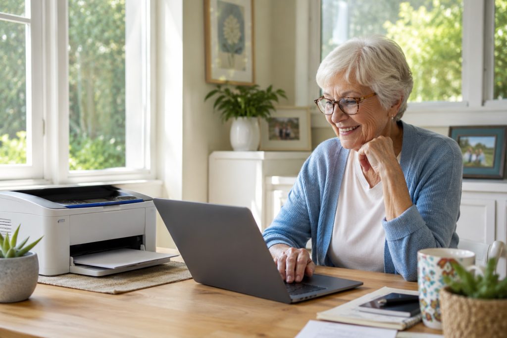 Karen troubleshooting a home printer connection with her laptop