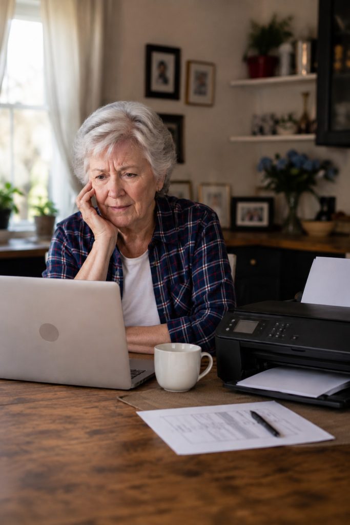 Valerie smiling while using her laptop next to her home printer