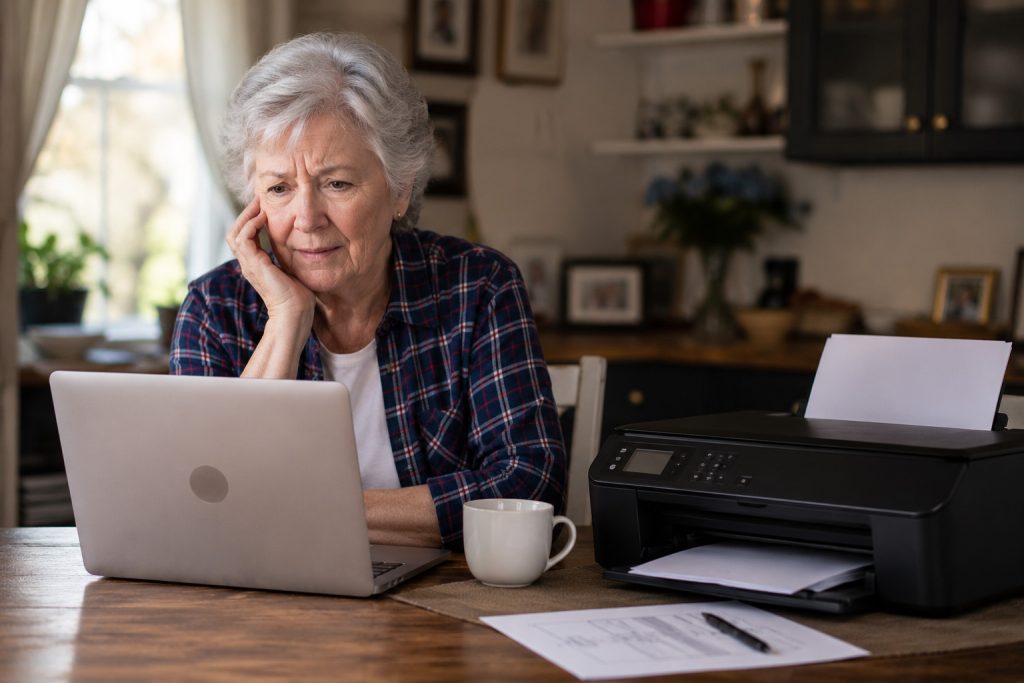 Valerie smiling at her laptop beside her printer after a successful printer repair