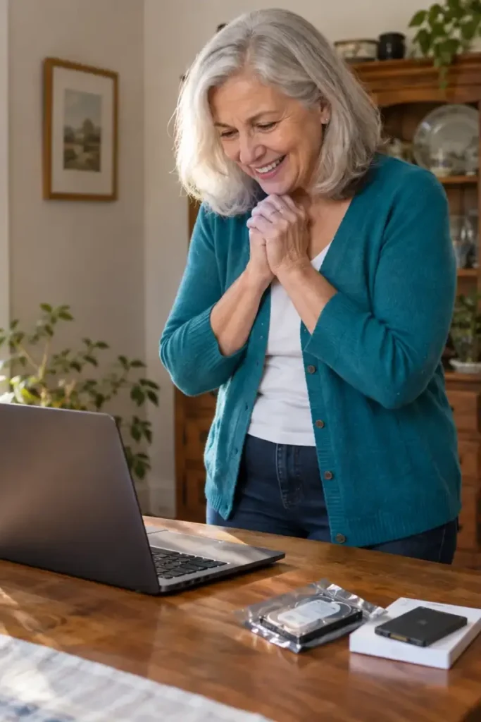 Donna beside her laptop after its old mechanical drive was replaced with a faster SSD.