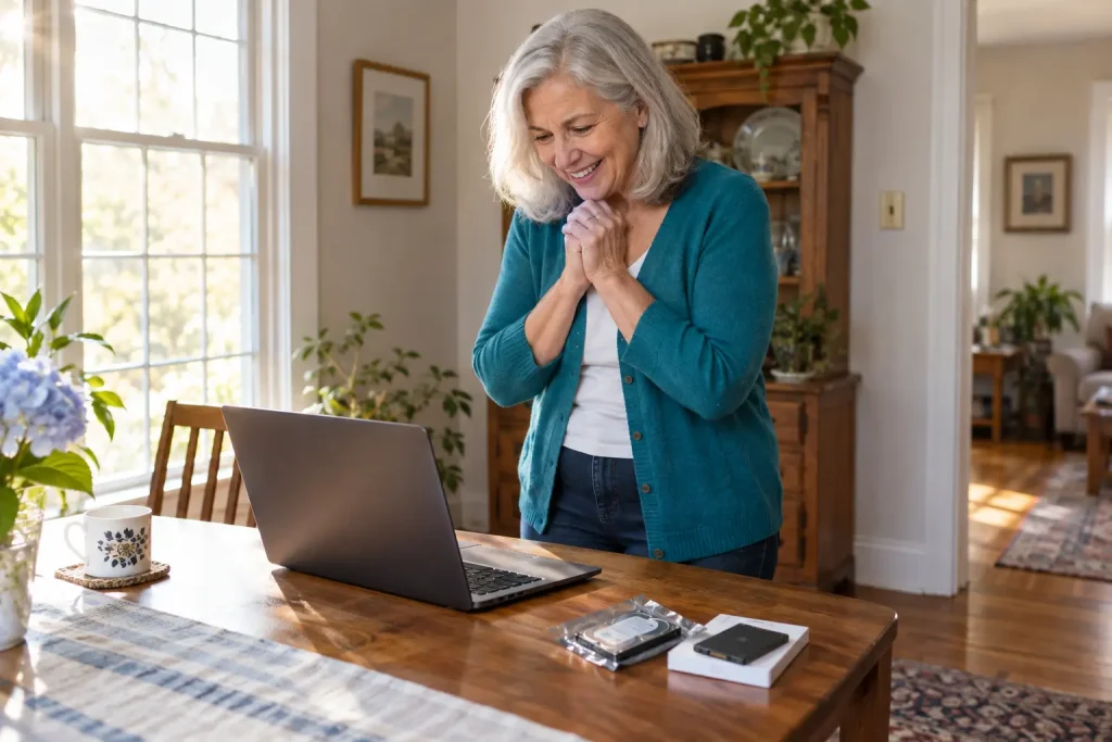 Donna using her laptop after its old mechanical drive was replaced with a faster SSD.