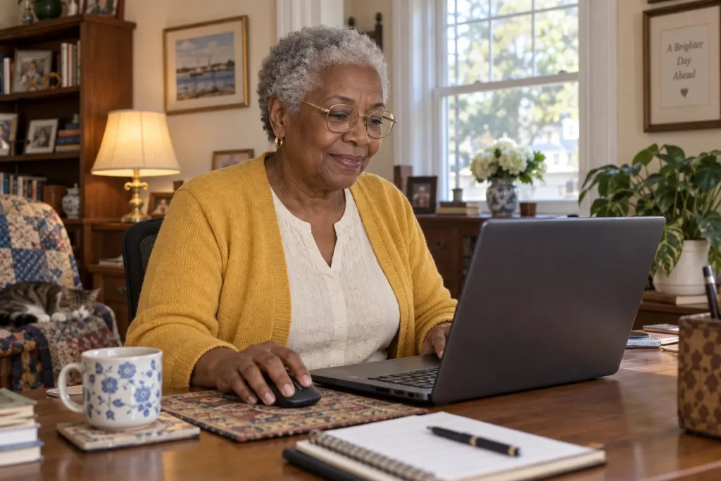 Evelyn using her laptop after AOL Desktop Gold saved-login information was repaired