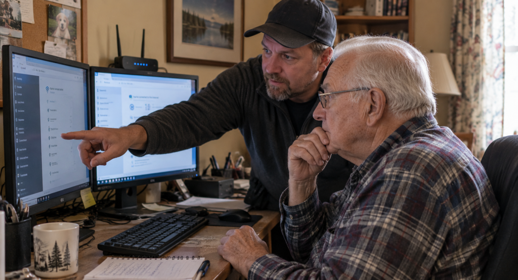 John receiving help with his computer monitors and Wi-Fi.