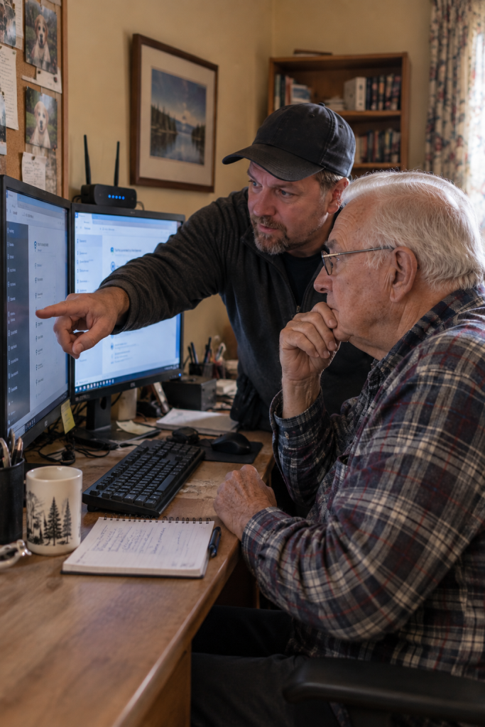 John receiving help with his computer monitors and Wi-Fi.