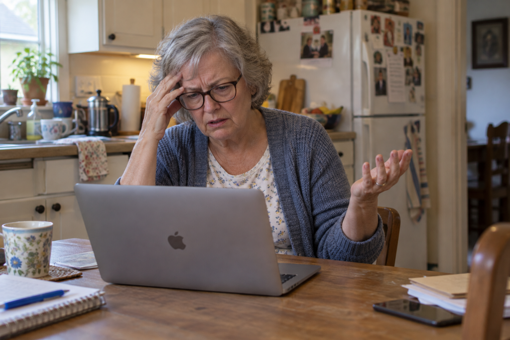 Linda reacting to a malfunctioning MacBook Air trackpad in her kitchen.