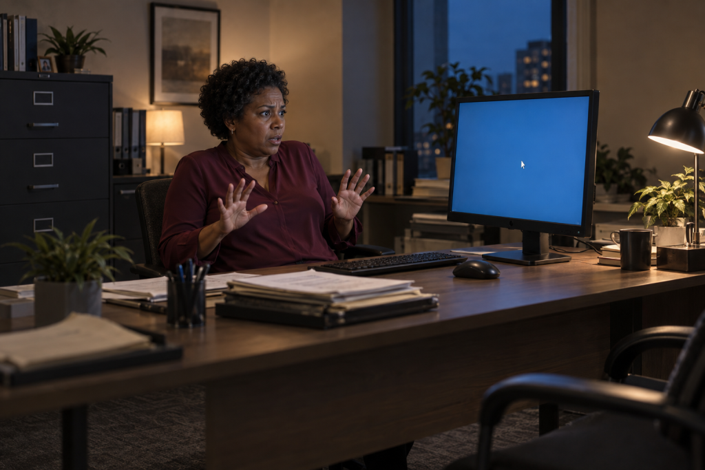 Marcia reacting to unexplained remote access on her computer.