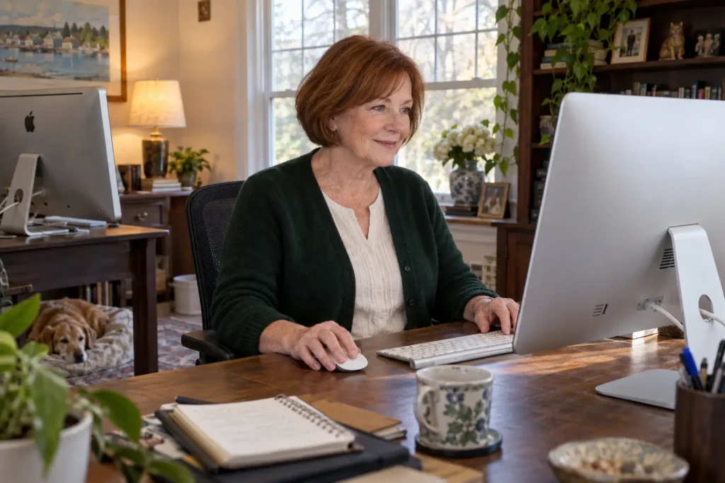 Marilyn at her home office using a new iMac after migration from her ten-year-old Mac