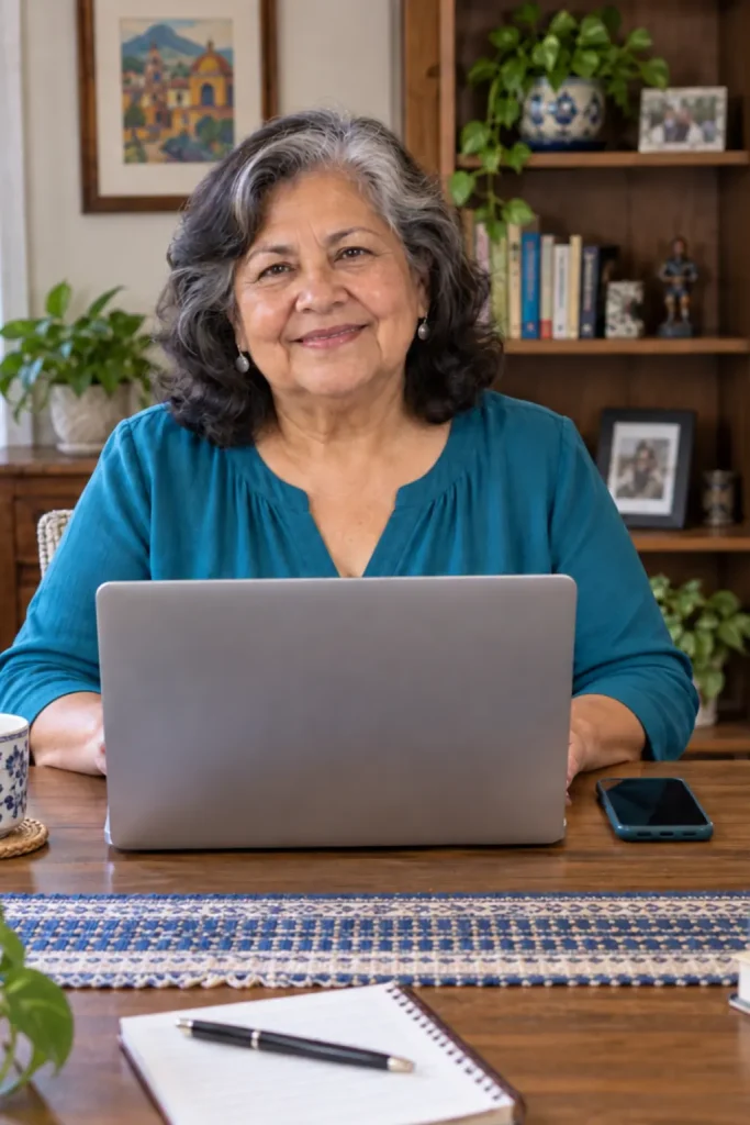 Patricia at her computer after a refund scam was stopped before money was transferred