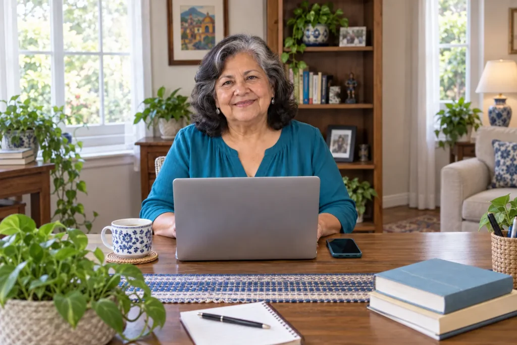 Patricia safely using her computer after a nearly $30,000 refund scam was stopped