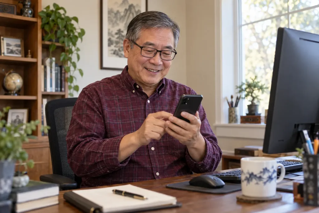 Raymond checking Comcast email on his Android phone beside his computer