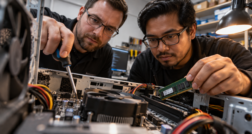 Technicians upgrading Scott's computer with new hardware.