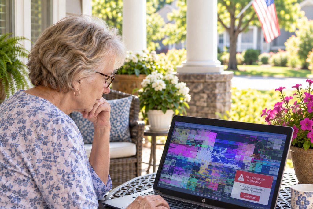 Janice's HP laptop showing distorted graphics and a fake virus alert during a computer repair visit