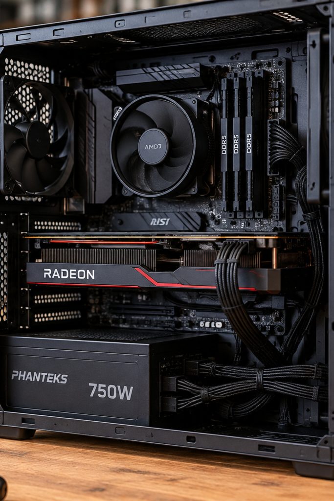 Open gaming desktop computer showing internal components and a 750-watt power supply during a shutdown diagnosis