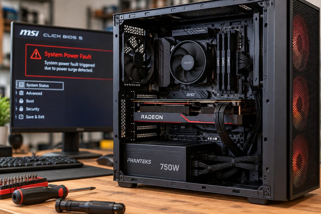 Open gaming PC on a repair workbench beside a BIOS system power fault warning