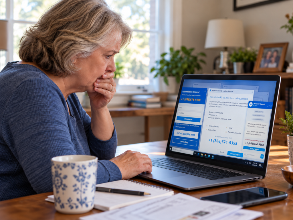 Tessa looking worried at a laptop displaying fake virus warnings and scam support messages