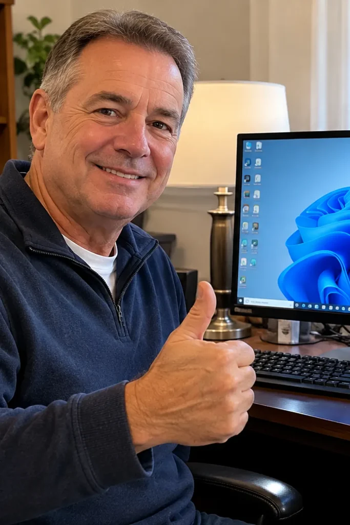 A customer giving a thumbs-up beside his computer after a service visit