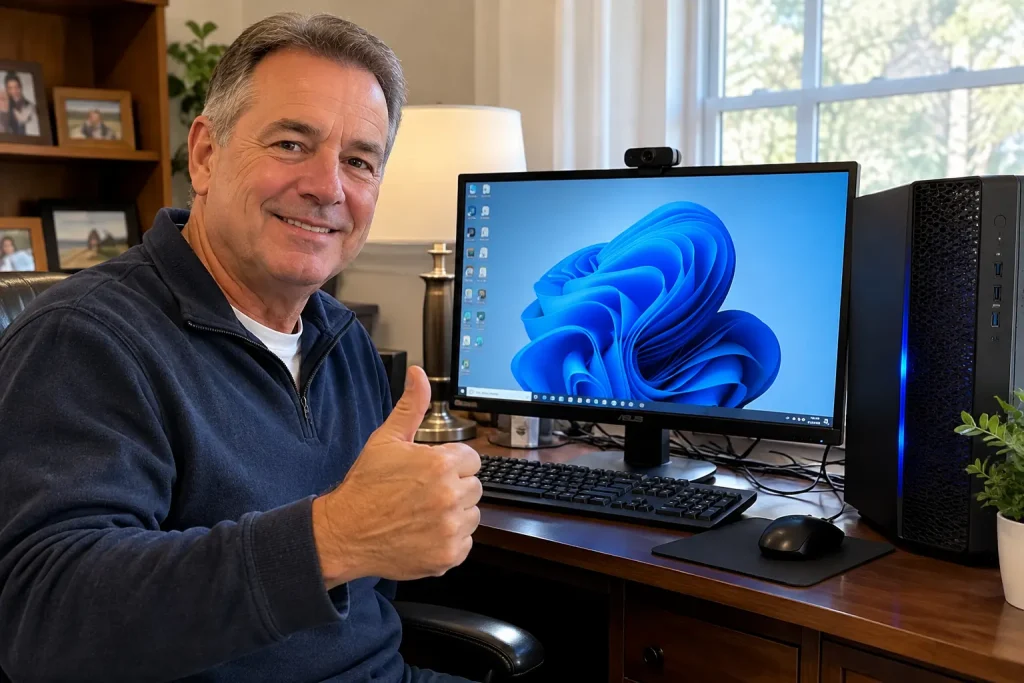 A customer seated at a home computer after a successful technology service visit