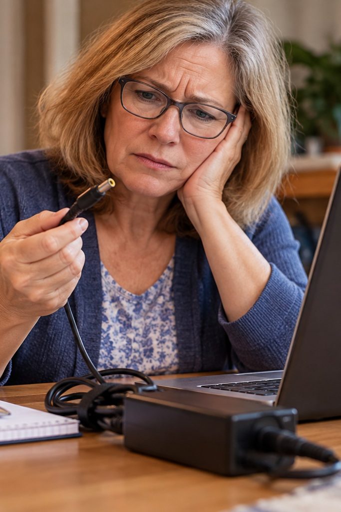 Concerned woman inspecting a charging connector beside her Lenovo laptop