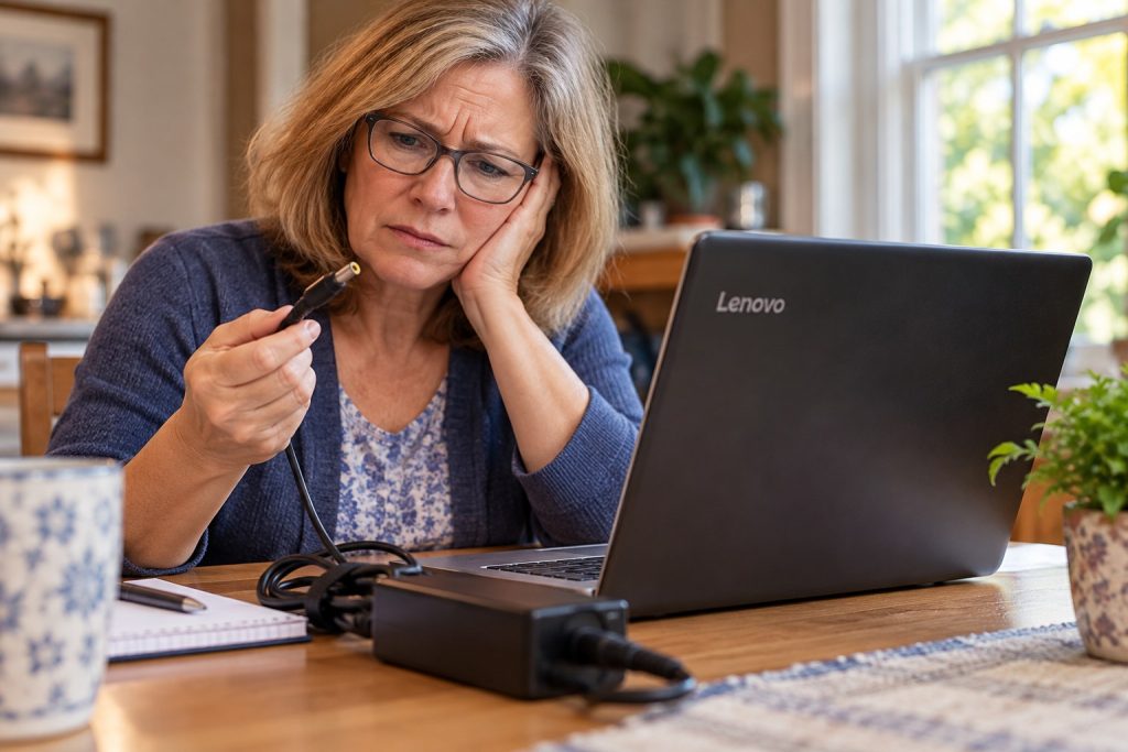 Concerned woman holding a charging connector beside an unresponsive Lenovo laptop