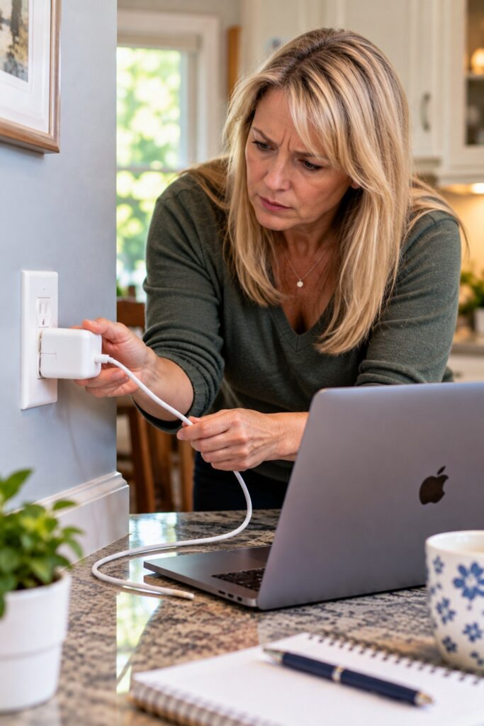 Woman checking a MacBook power adapter at a wall outlet in a home kitchen