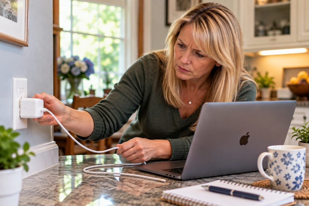 Woman checks a MacBook charging adapter at a wall outlet with the laptop on the kitchen counter