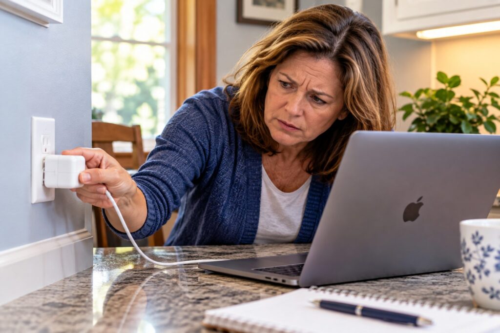 Woman in a Branford home checking a white laptop charger at a wall outlet beside a MacBook Air